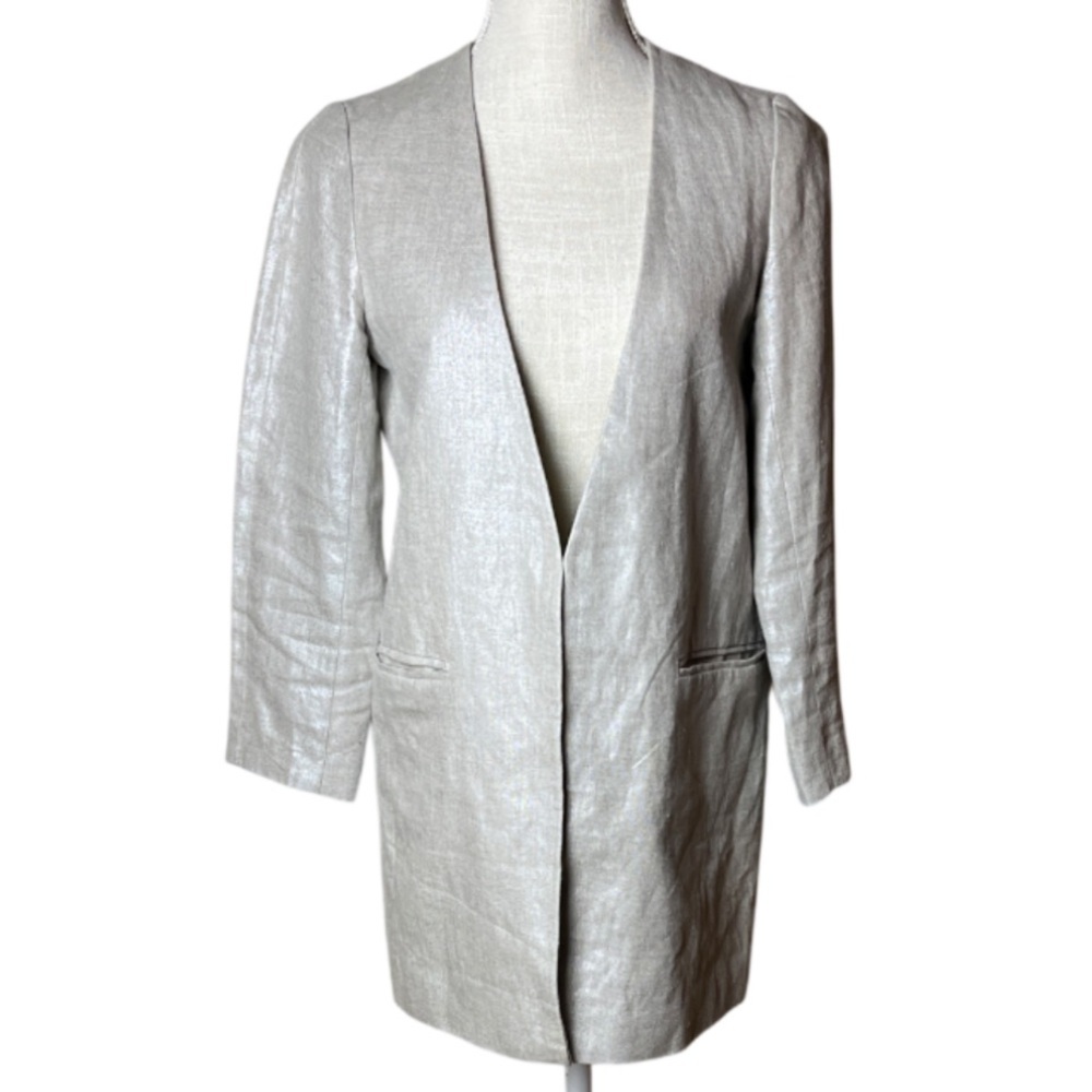 Zara Silver Taupe Linen Metallic Collarless Oversized Blazer Small